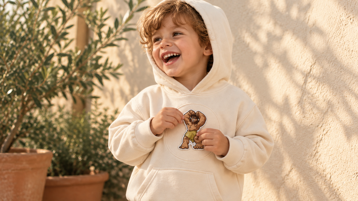 Toddler in a cream organic cotton hoodie with a patch area on the chest, holding an embroidered star patch in California sunlight