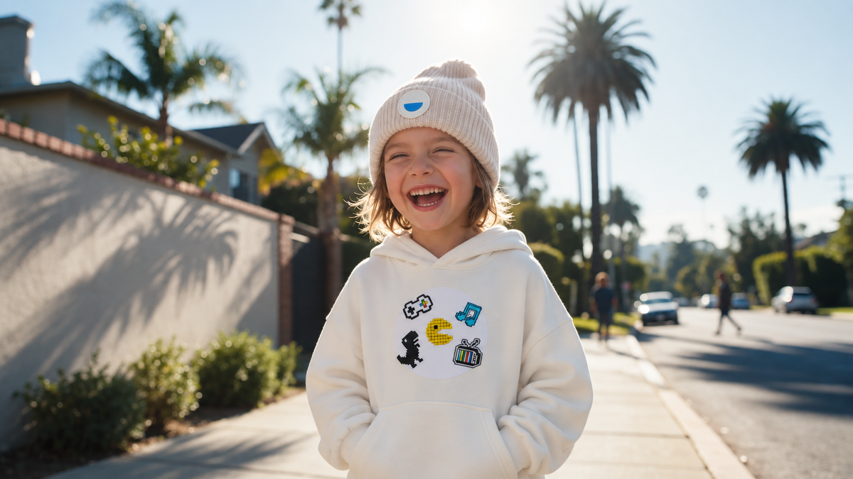 Child in Los Angeles wearing an off-white organic cotton kids winter hat with a swappable patch on the front panel