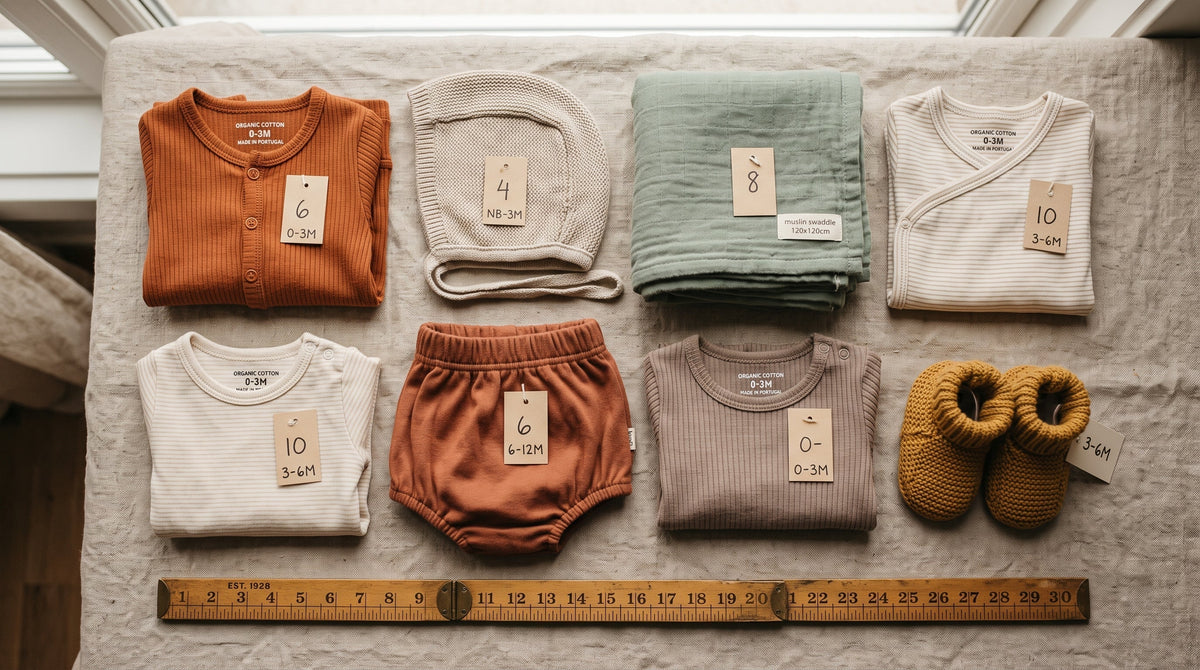 Folded organic cotton baby and toddler clothes with a measuring tape and visible size tags