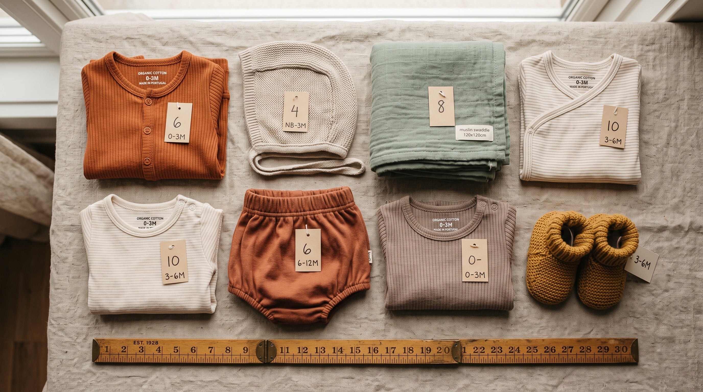 Folded organic cotton baby and toddler clothes with a measuring tape and visible size tags