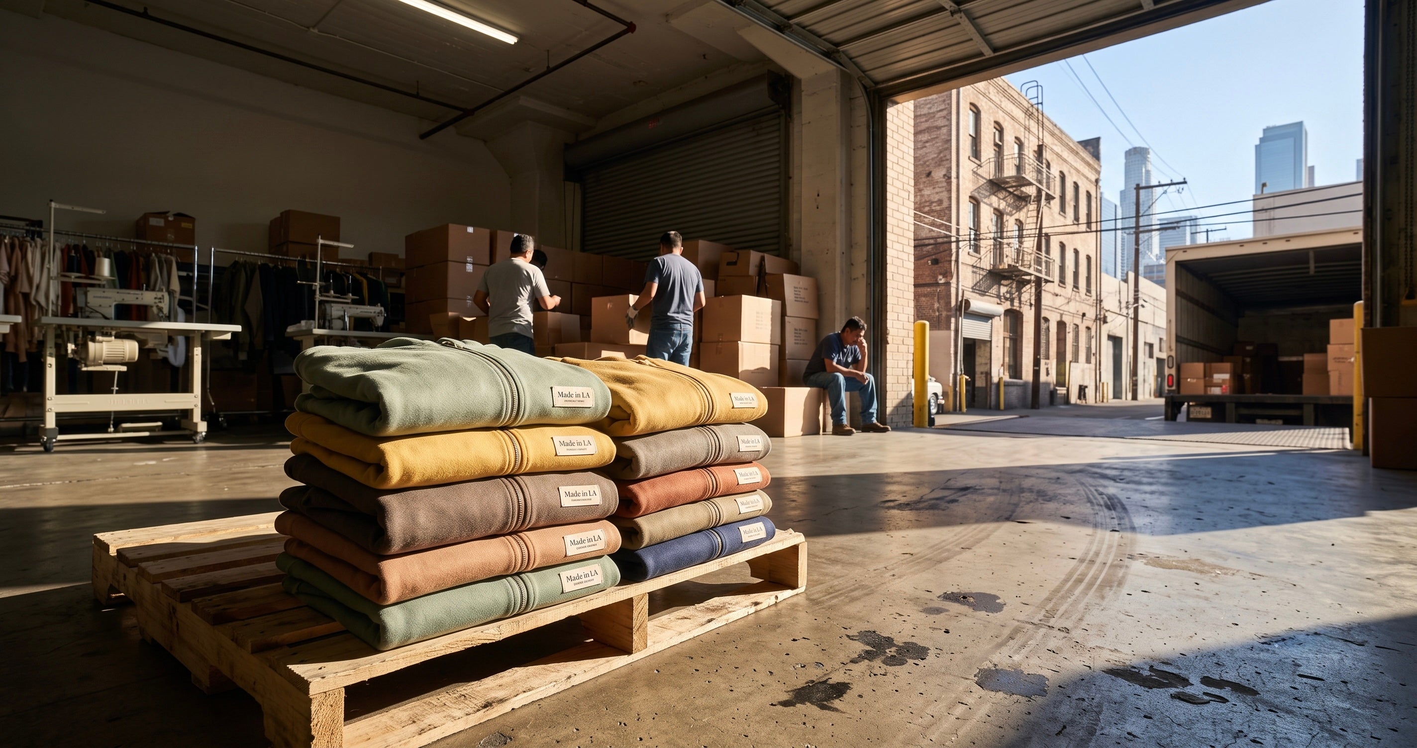 Folded organic cotton kids' hoodies with Made in LA labels on a sunny Downtown Los Angeles loading dock