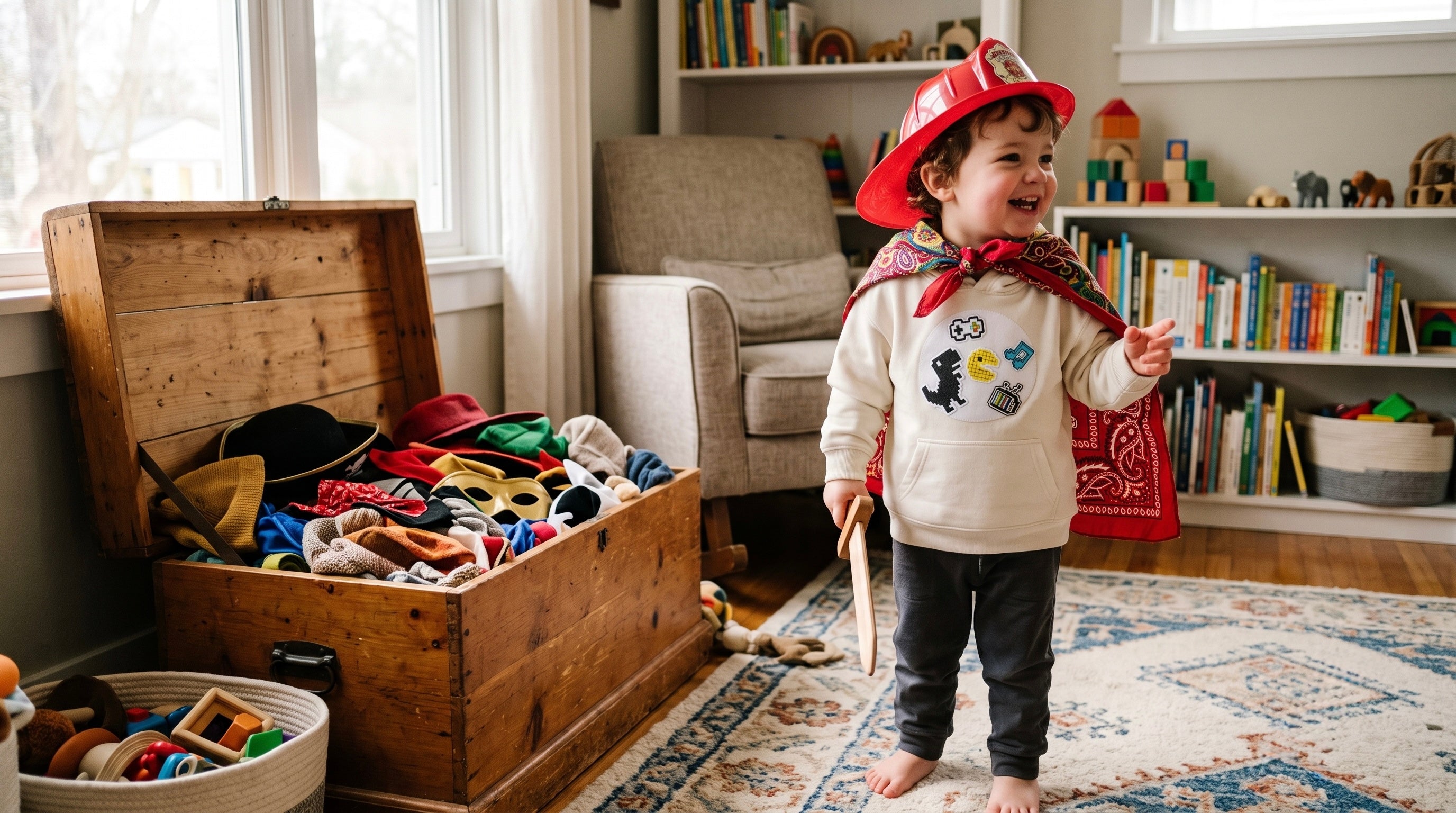 Toddler in an organic cotton hoodie with a dragon patch, bandana cape, and firefighter hat playing beside an open dress-up box
