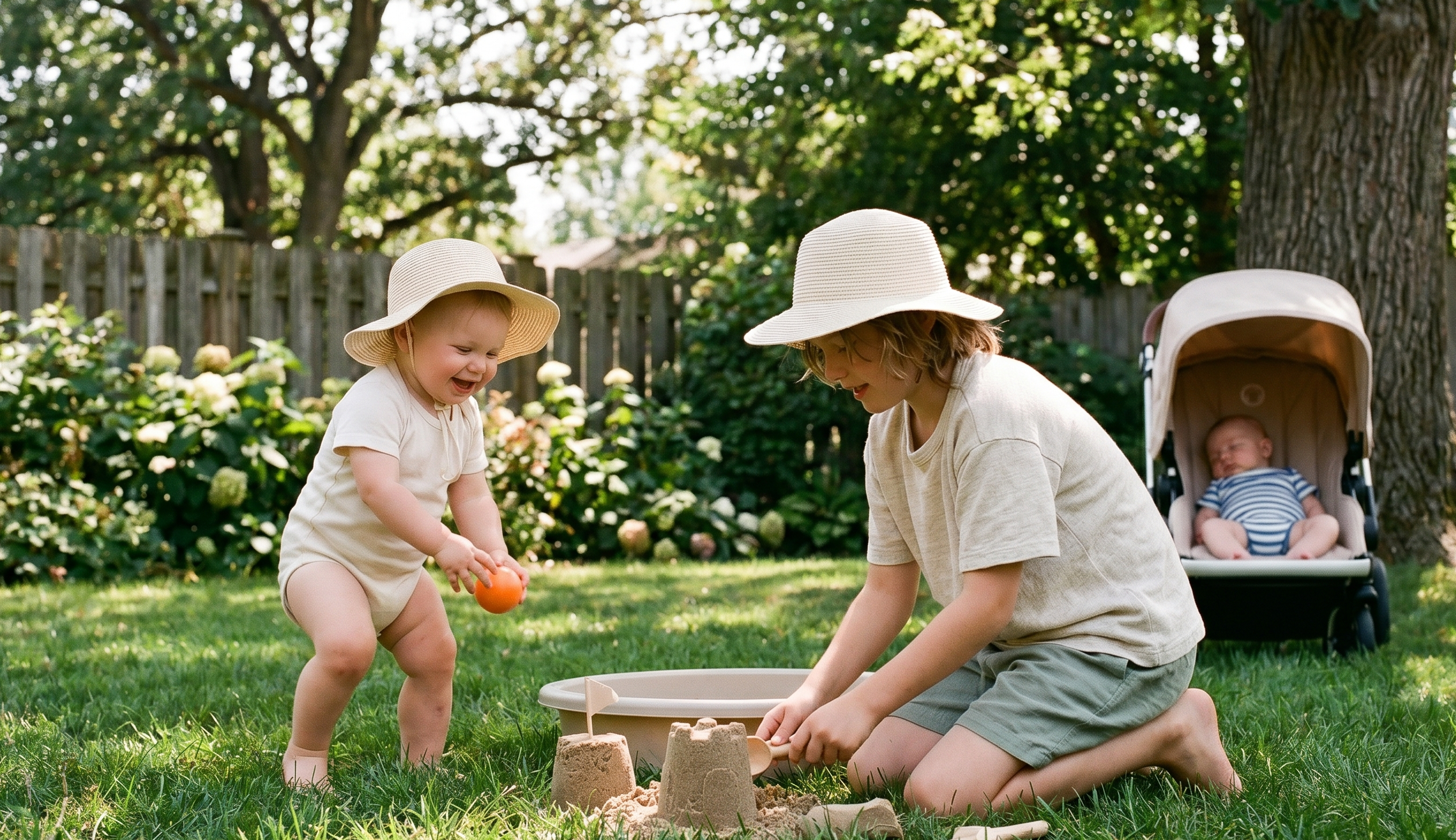 Kids of different ages playing outside in loose, light cotton summer clothes and sun hats