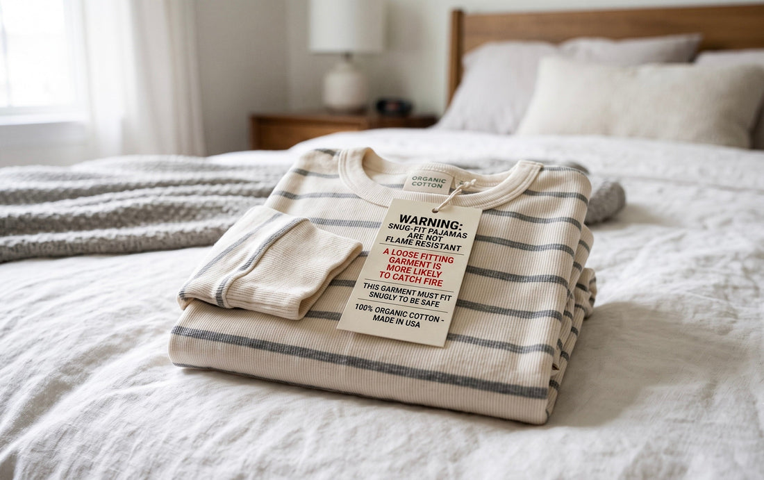 Organic cotton toddler pajamas folded on a bed showing the snug-fit hangtag that indicates they are not chemically treated for flame resistance