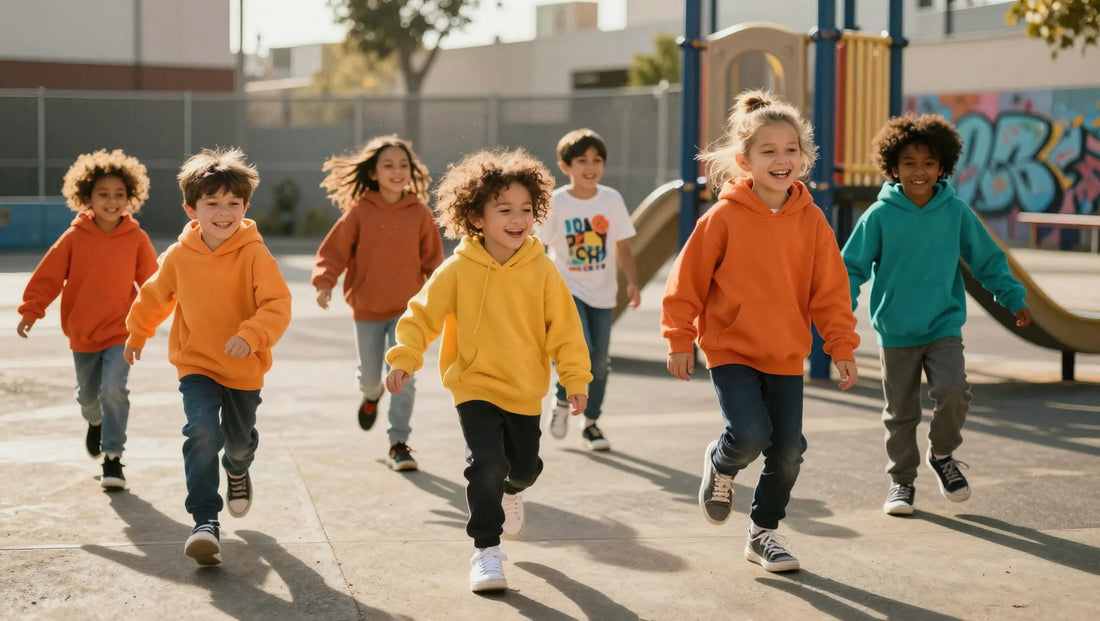 Kids wearing colorful streetwear outfits playing on an urban playground