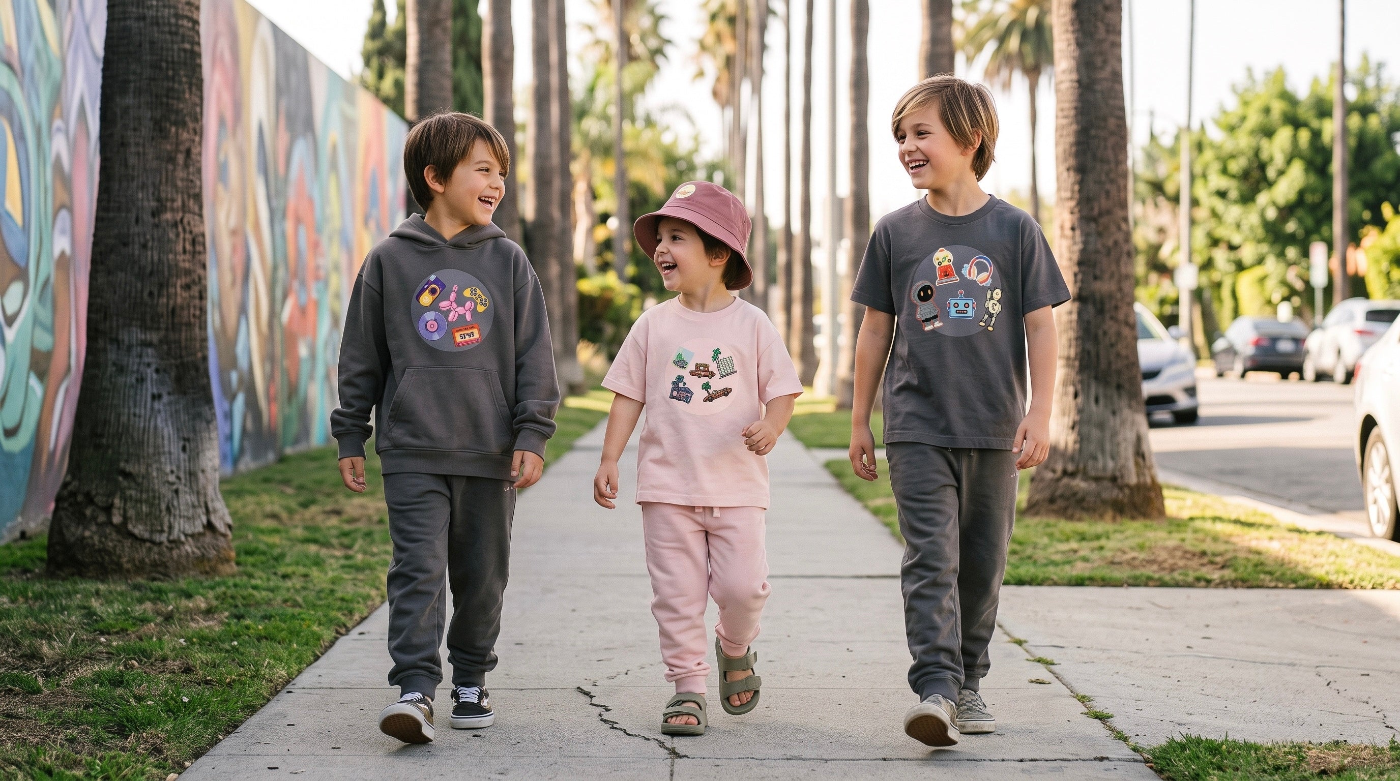 Kids streetwear in real life: three kids in oversized organic cotton hoodies and tees with collectible patches walking a sunny LA sidewalk