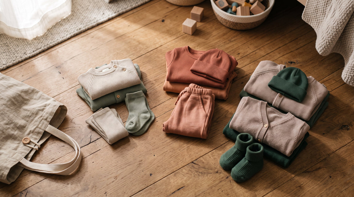 Outgrown kids' clothes sorted into small piles on a sunlit bedroom floor next to a canvas tote