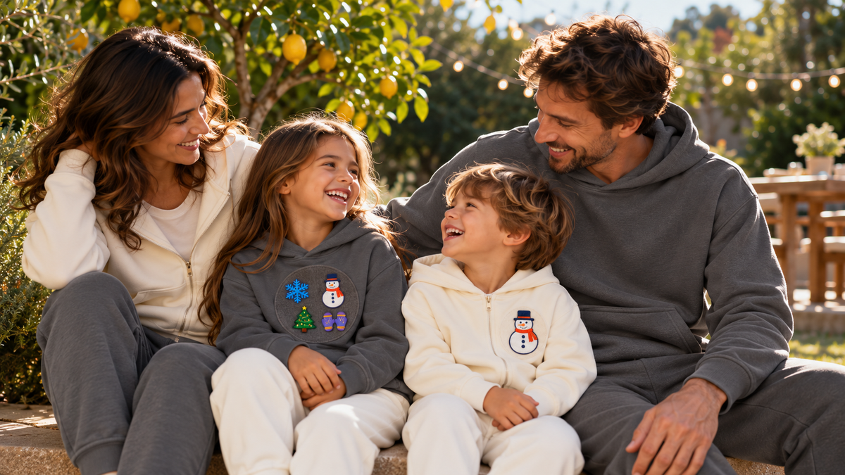 Family laughing together in a sunny Los Angeles backyard wearing coordinated cream, sage and rust organic cotton hoodies with holiday patches