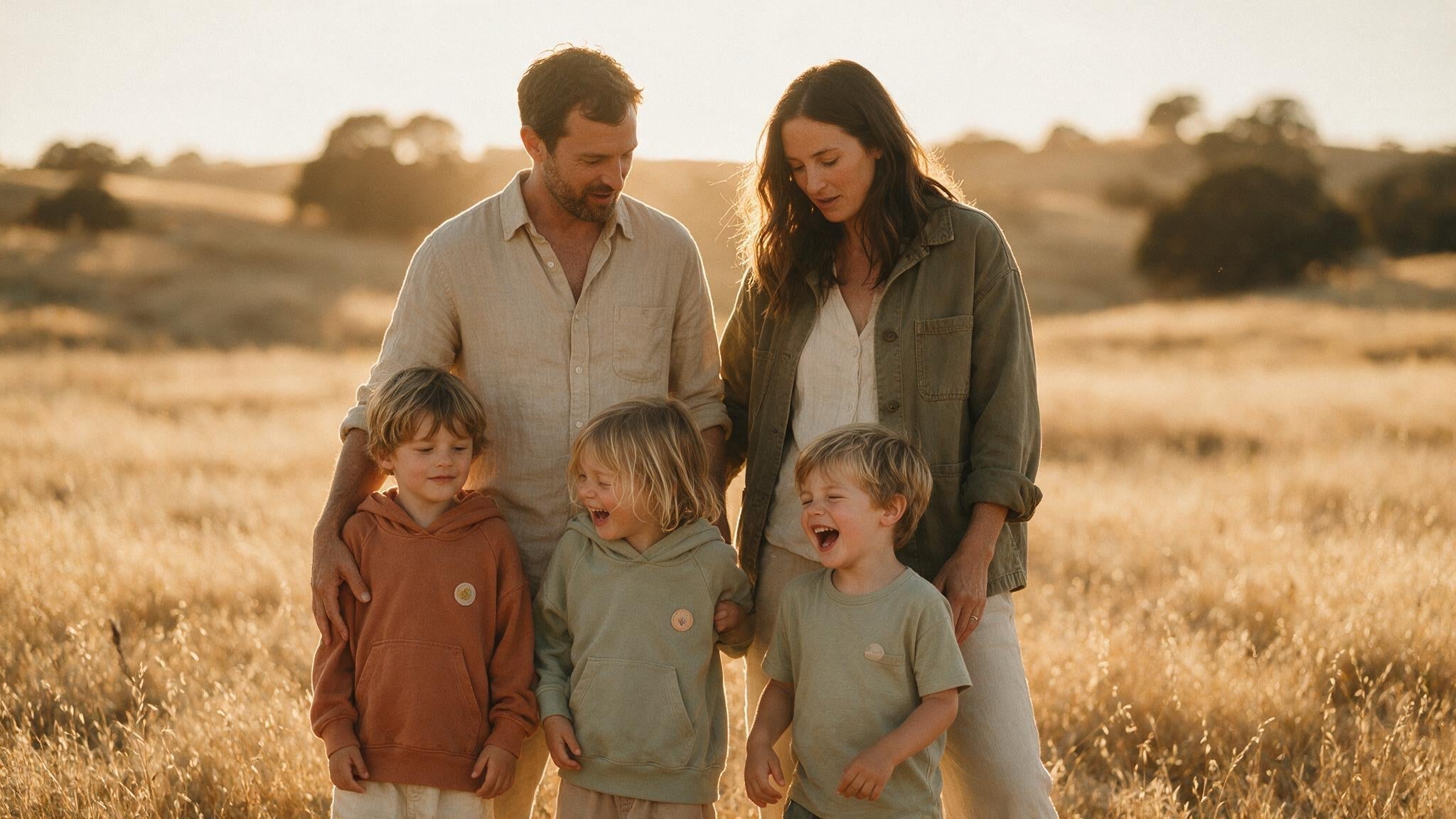 Family of five in coordinated matching family outfits for pictures, wearing matte organic cotton neutrals in golden late-afternoon light