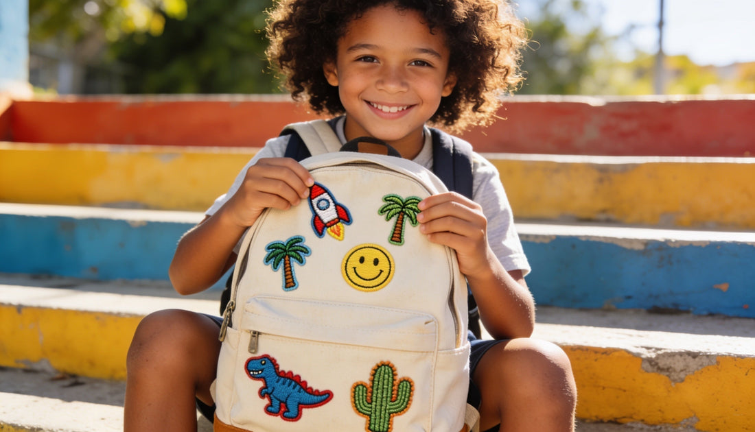 A child sitting outdoors showing off a backpack covered in colorful swappable embroidered patches