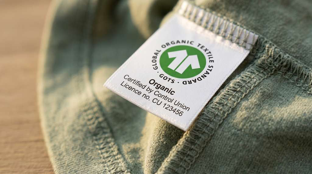 Organic cotton kids tee with GOTS certification hangtag and magnifying glass on cream background