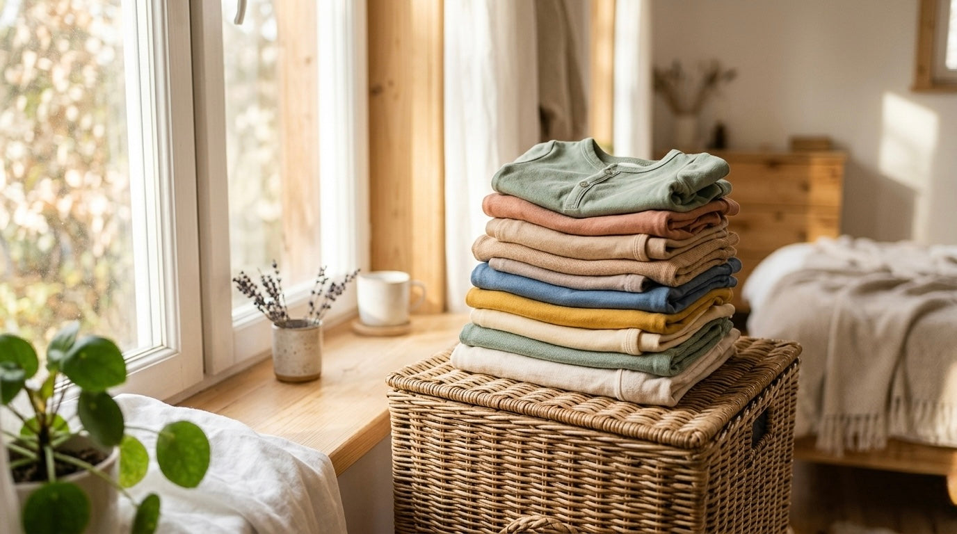 Folded stack of organic cotton baby clothes in a laundry basket by a sunny window