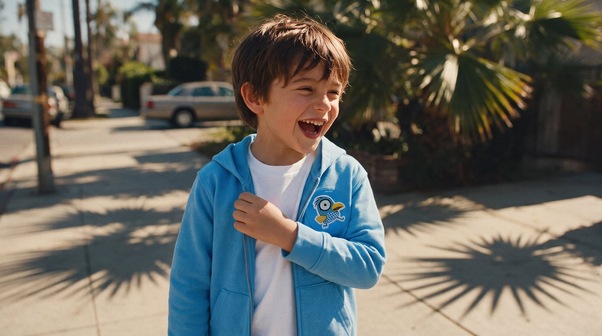 Kid in a light-wash denim jacket covered in colorful embroidered patches for jackets