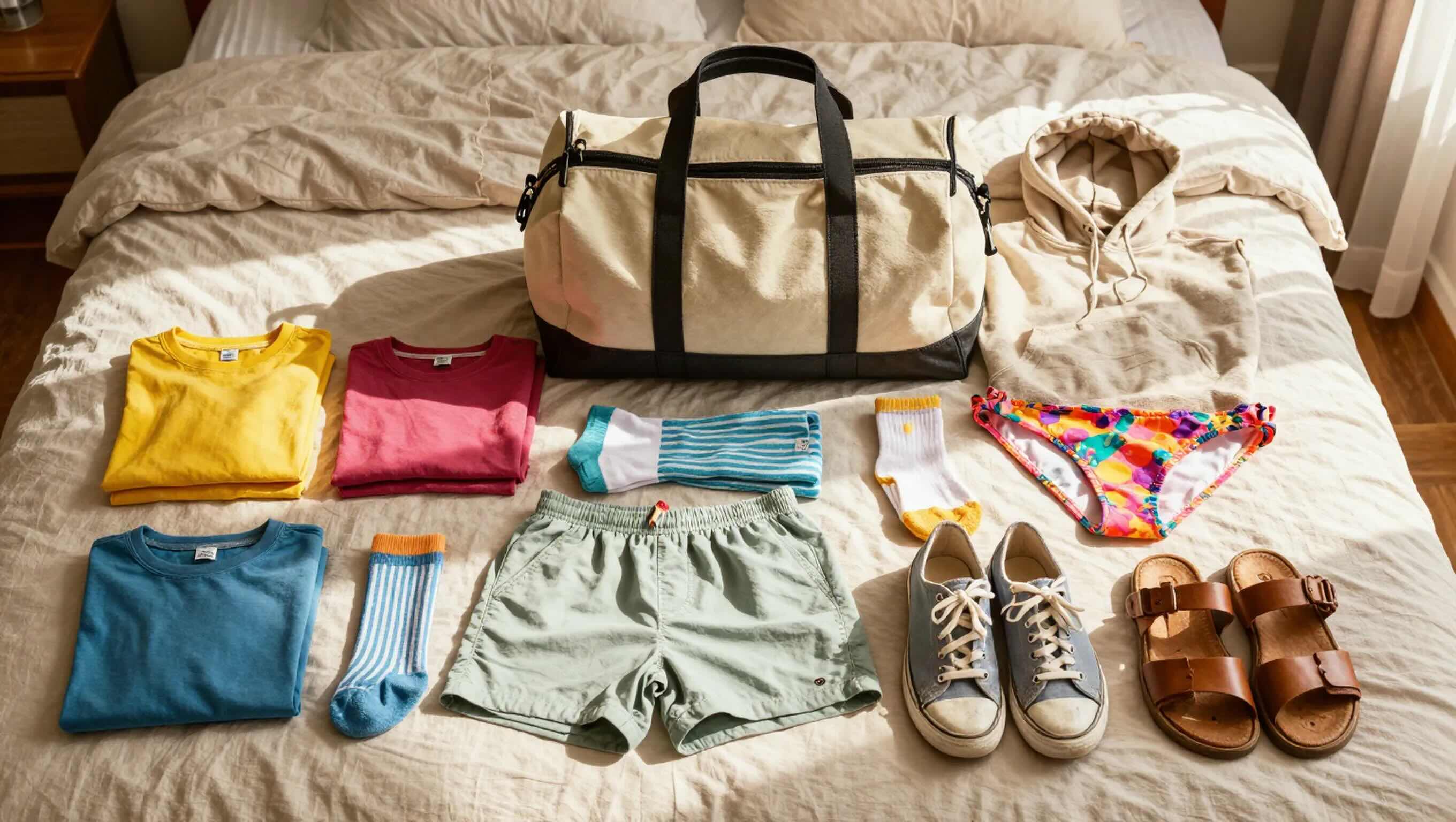 Kids backpack packed with clothes and camp gear laid out on a bed