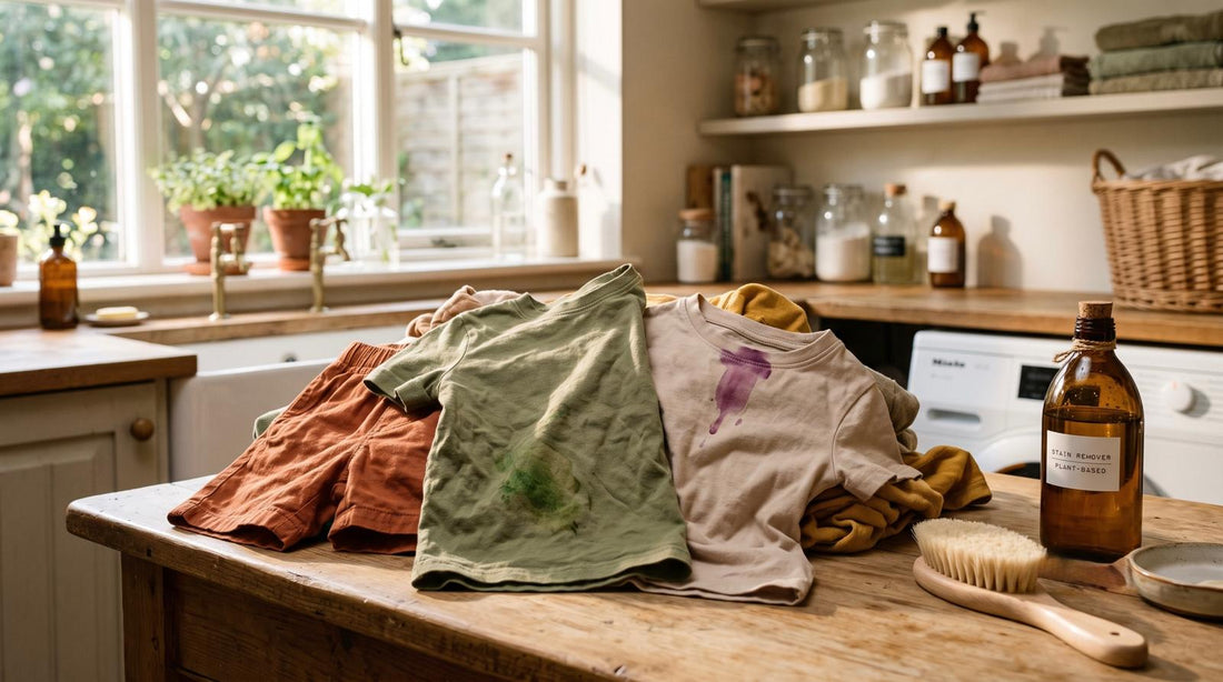 A pile of kids' cotton clothes on a sunny counter, one with a grass stain and one with a popsicle drip