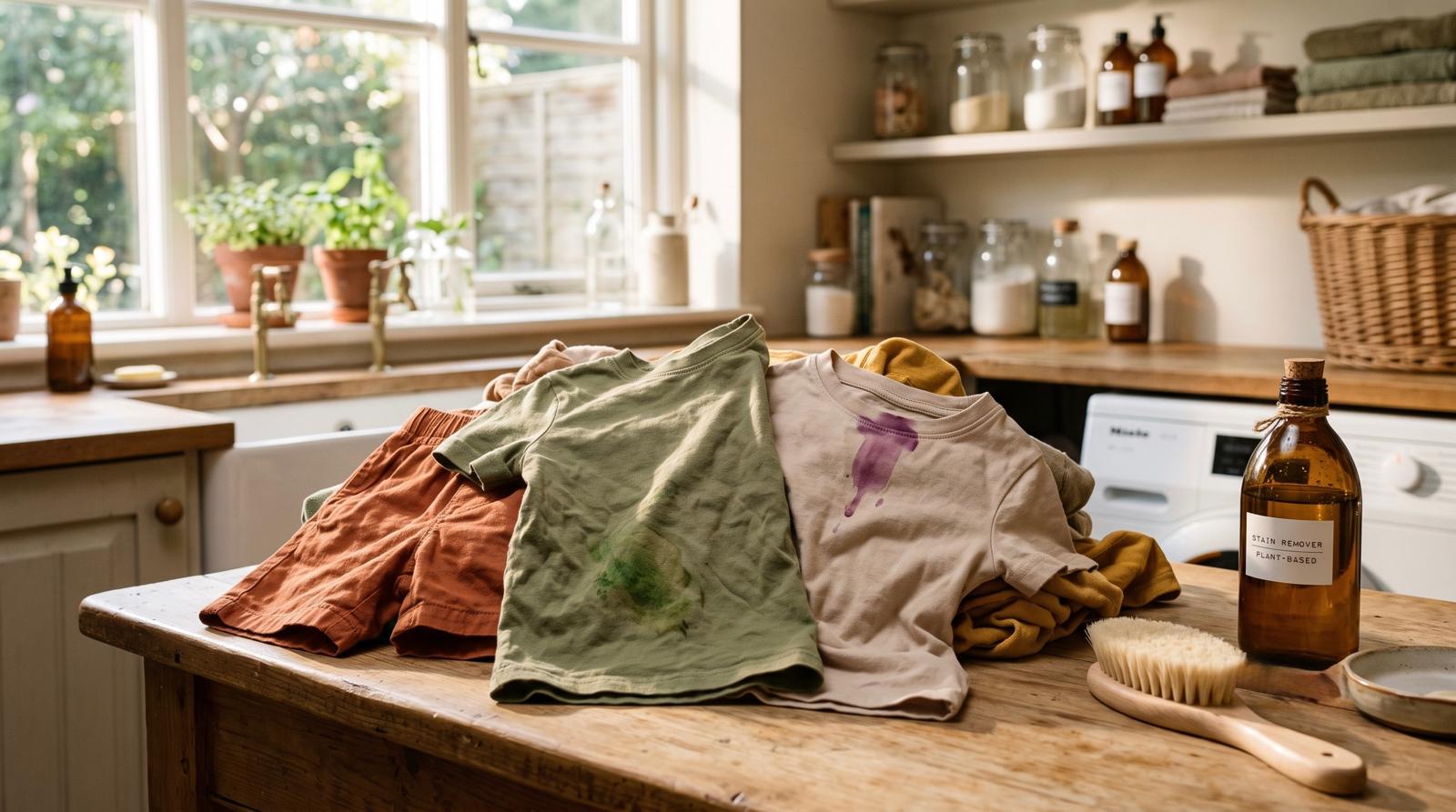 A pile of kids' cotton clothes on a sunny counter, one with a grass stain and one with a popsicle drip