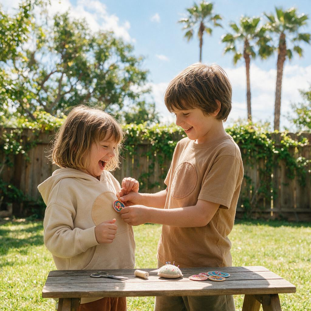 Two kids playing outdoors in Los Angeles sunlight wearing organic cotton hoodies with swappable patches