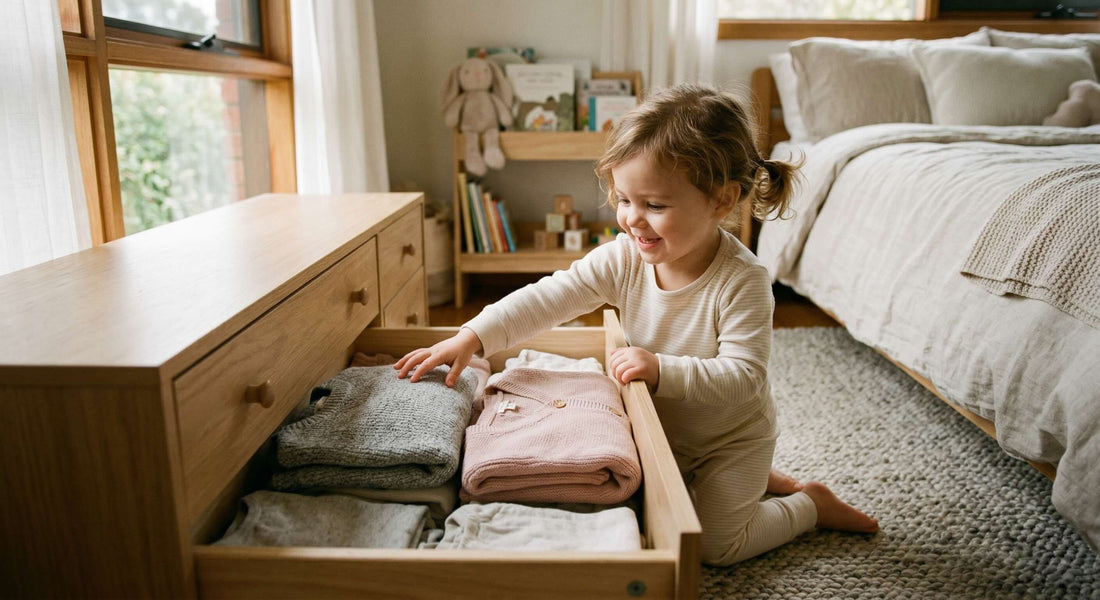 Toddler picking out soft organic cotton clothes from a low drawer
