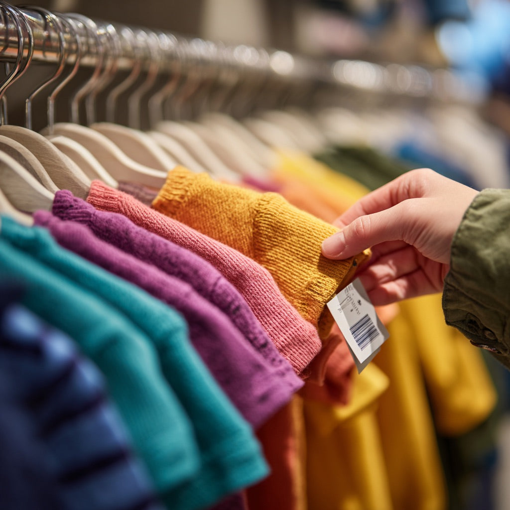 Children's colorful clothing on a rack with a parent reading a label