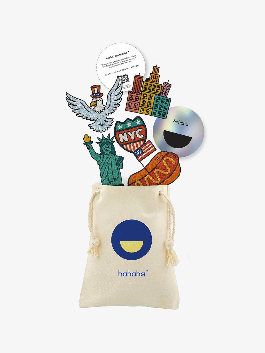 American Spirit patch set with a reusable Hahaha drawstring bag