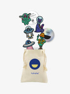 Alien Adventure patch set with a reusable Hahaha drawstring bag