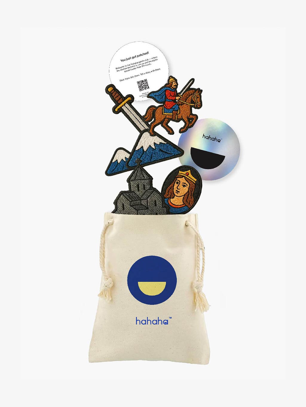 Armenian Heritage patch set with a reusable Hahaha drawstring bag