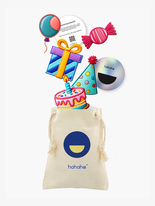 Birthday Fun collectible patch set in Hahaha branded drawstring bag for kids hoodie customization