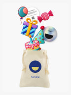 Birthday Fun patch set with a reusable Hahaha drawstring bag