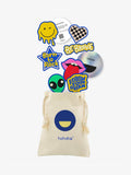 Born to Rock embroidered patch set for kids with reusable Hahaha drawstring bag