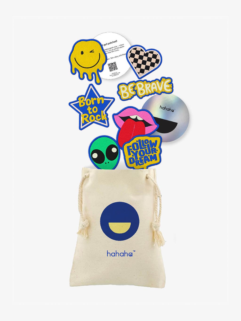Born to Rock patch set with a reusable Hahaha drawstring bag
