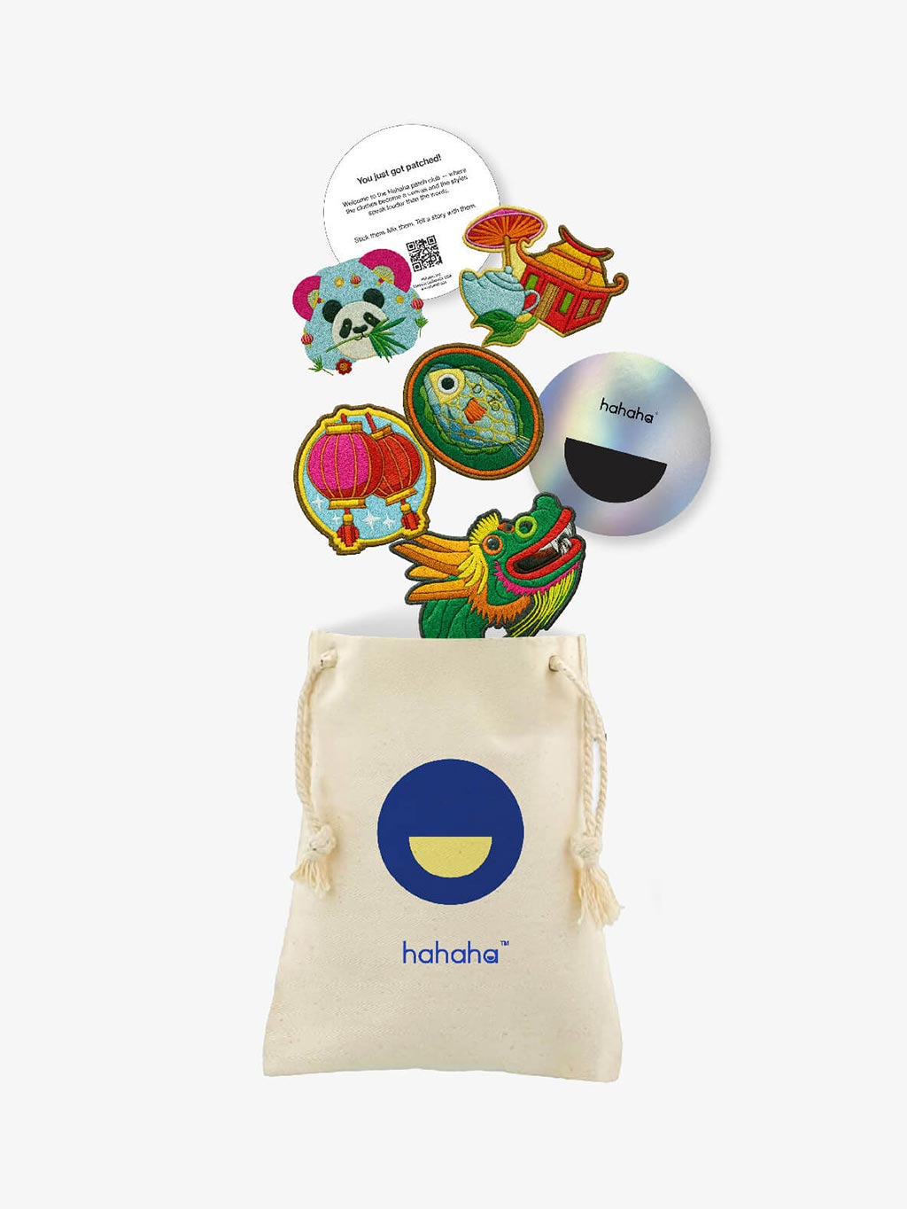 Dragon Spirit patch set with a reusable Hahaha drawstring bag