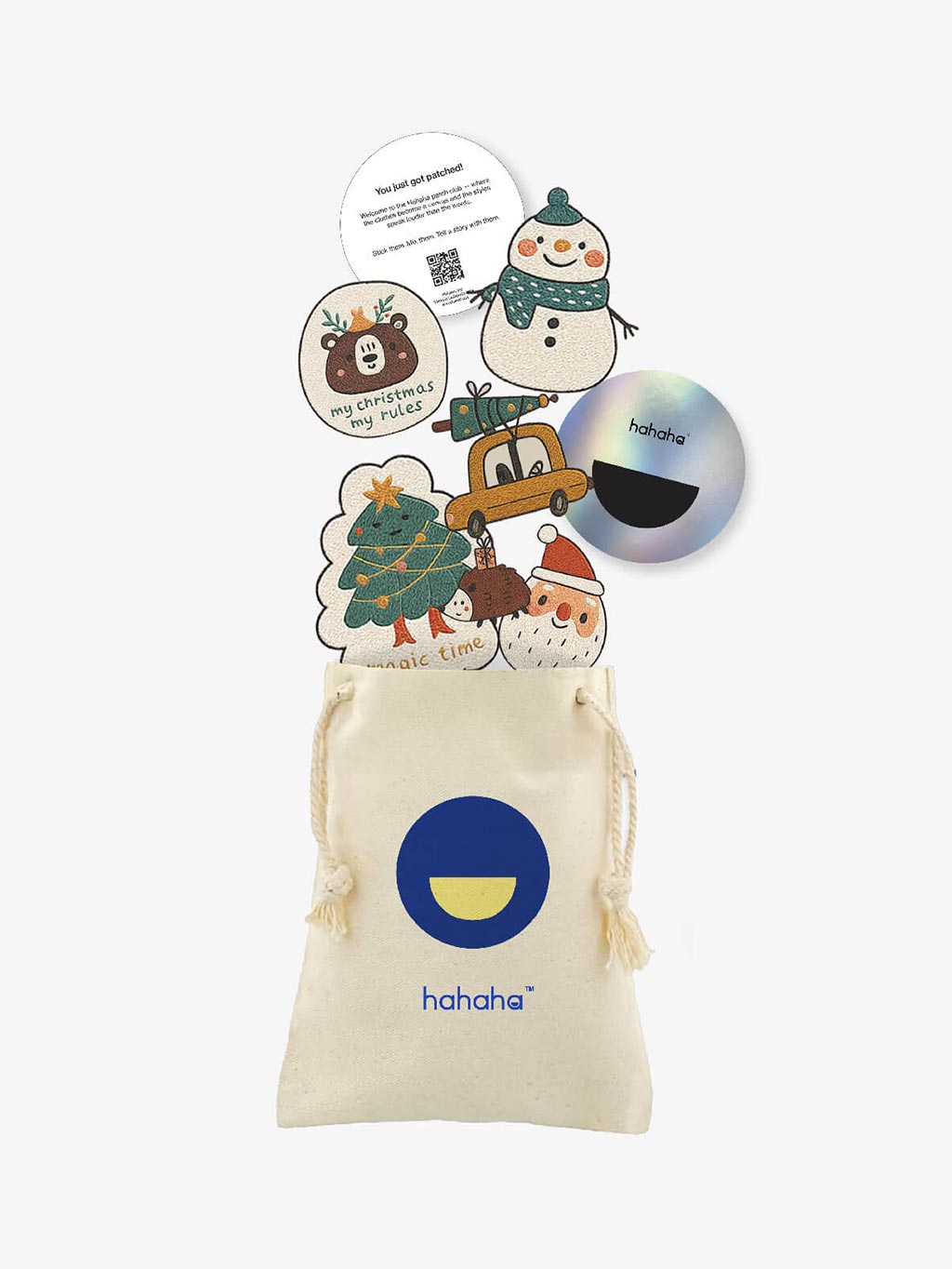 Santa Squad patch set with a reusable Hahaha drawstring bag