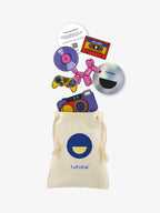 90s Kids patch set with a reusable Hahaha drawstring bag