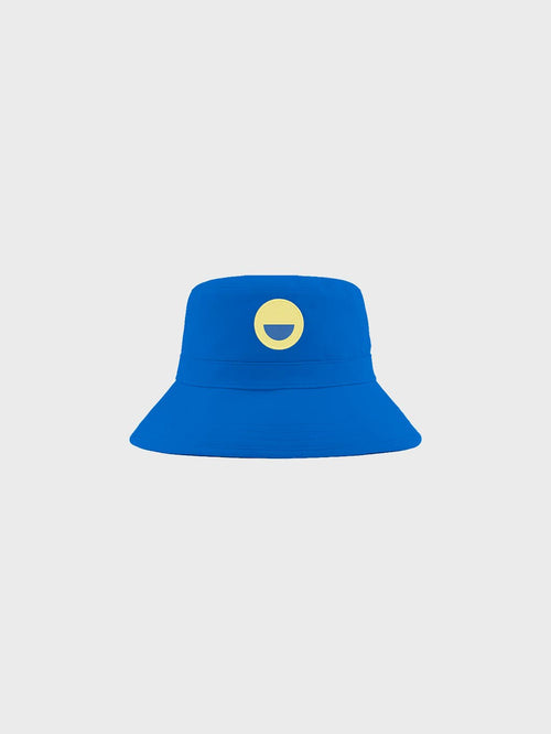 Blue Hahaha organic cotton kids bucket hat, front view, made in Los Angeles California