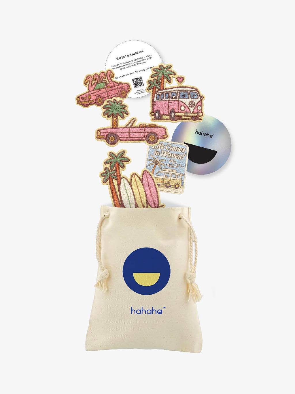 LA Vibes patch set with a reusable Hahaha drawstring bag