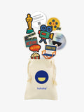 Little Director collectible patch set in Hahaha branded drawstring bag for kids hoodie customization