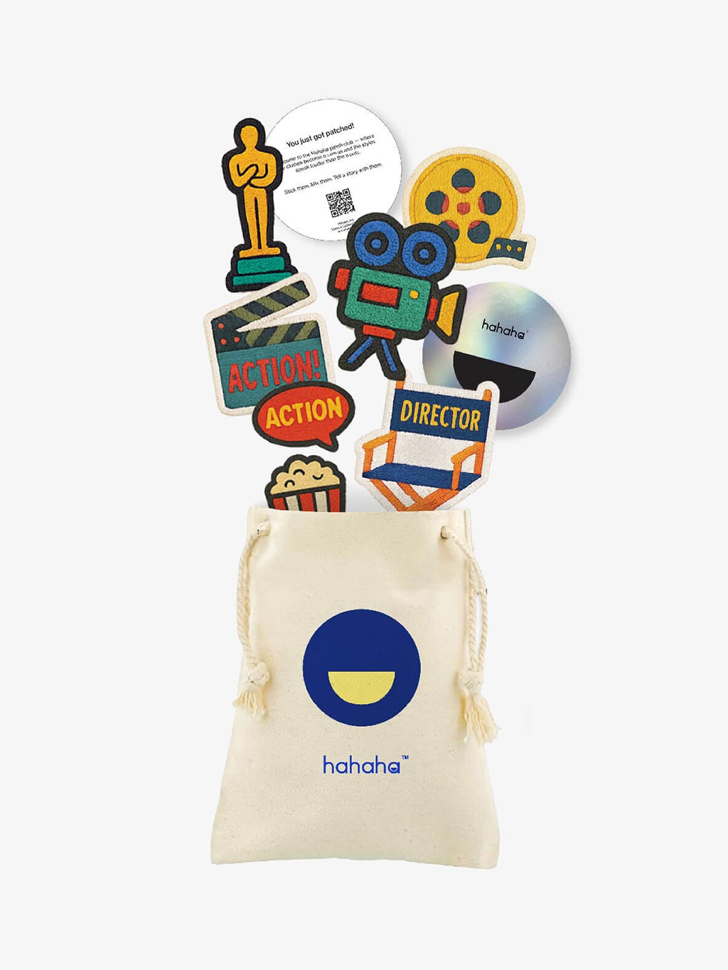 Little Director patch set with a reusable Hahaha drawstring bag
