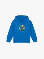 Blue hoodie with a colorful graphic on a white background