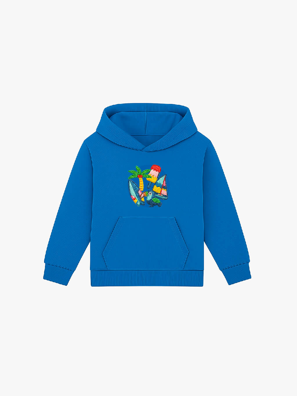 Blue hoodie with a colorful graphic on a white background