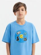 Kid wearing the Pixel Play patch set on a Hahaha tee