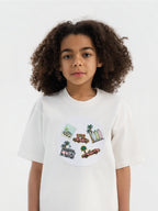 Kid wearing the LA Vibes patch set on a Hahaha tee