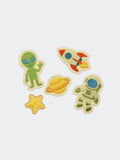Space Explorer patches - green alien, retro rocket, Saturn planet, gold star, green astronaut