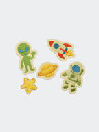 Space Explorer patches - green alien, retro rocket, Saturn planet, gold star, green astronaut