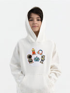 Kid wearing the Retro Future patch set on a Hahaha tee