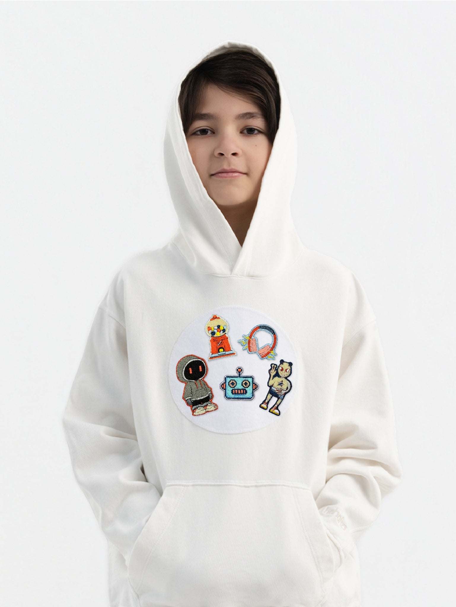 Kid wearing the Retro Future patch set on a Hahaha tee
