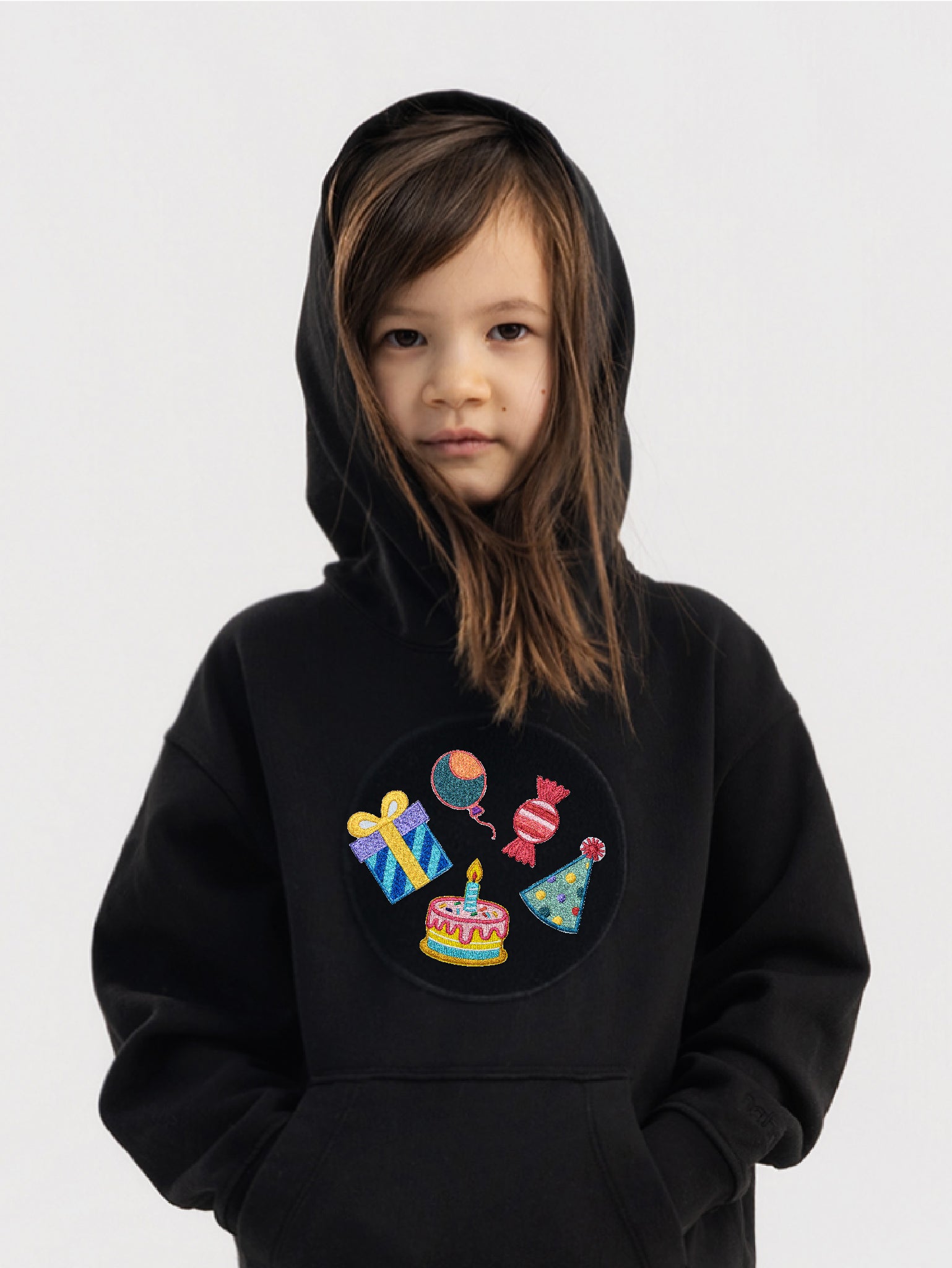 Kid wearing the Birthday Fun patch set on a Hahaha tee