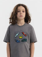 Kid wearing the Fast Lane patch set on a Hahaha tee