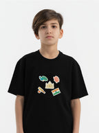 Kid wearing the Indian Traditions patch set on a Hahaha tee