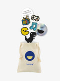 Pixel Play collectible patch set in Hahaha branded drawstring bag for kids hoodie customization