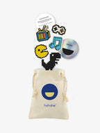 Pixel Play patch set with a reusable Hahaha drawstring bag